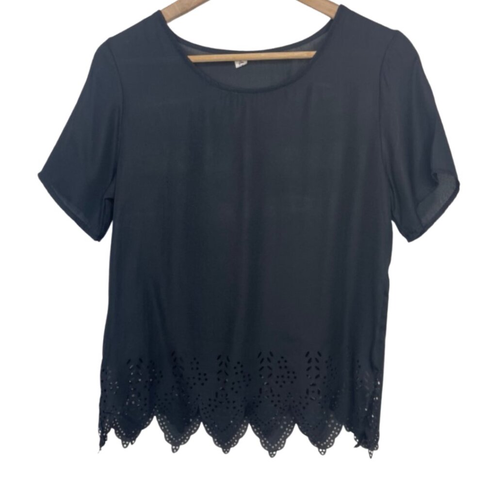 UNBRANDED | Women's Black Laser Cut Scalloped Trim Short Sleeve Blouse | Size L